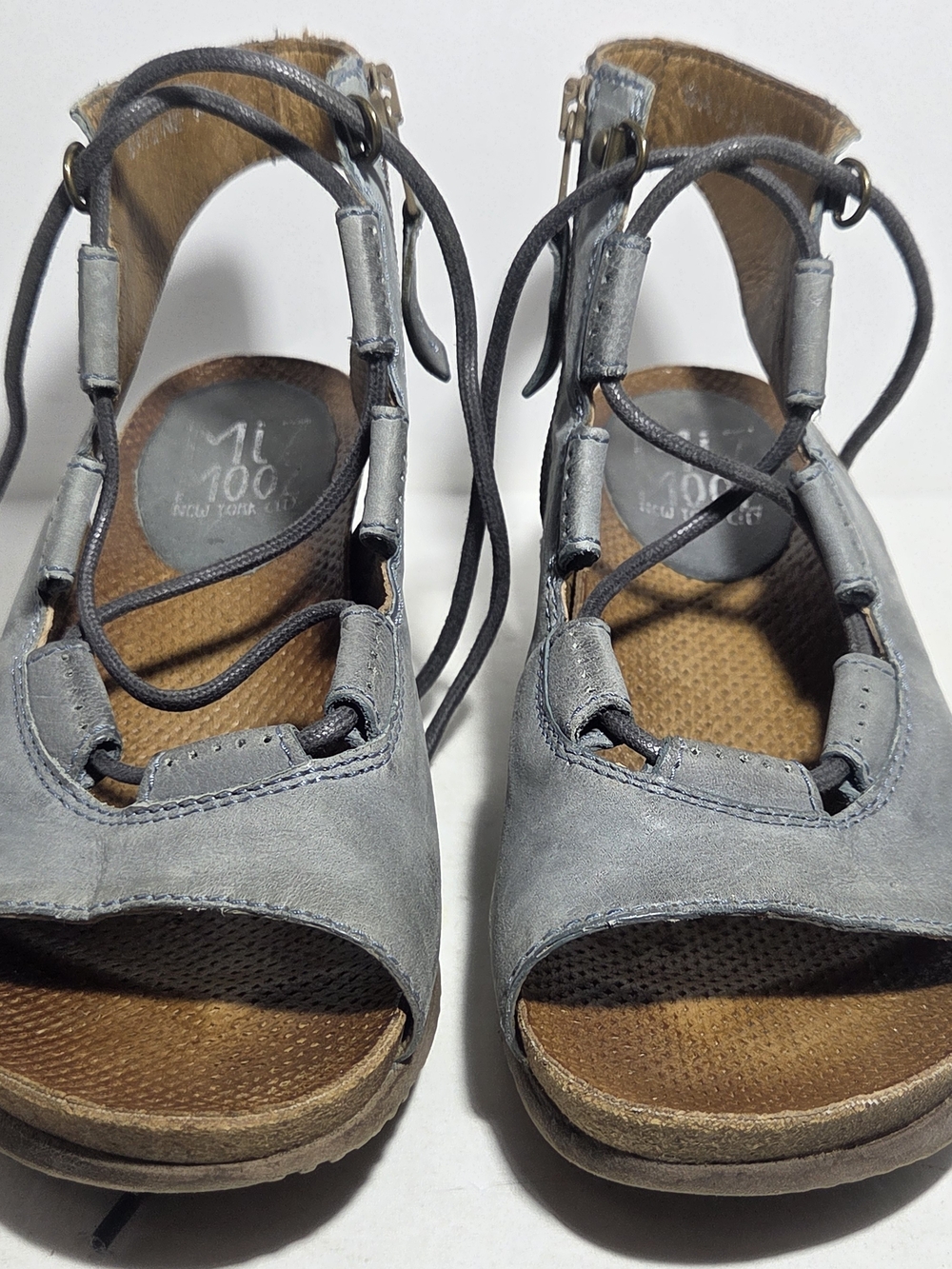 Miz Mooz Satine Gray Leather Lace-Up Wedge Sandals Size 39 / US 8.5–9